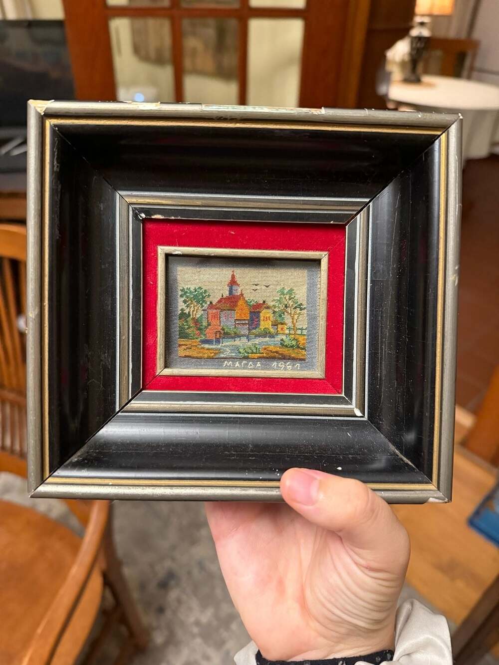 Vintage Hand-Stitched Needlepoint Landscape Embroidery in Ornate Frame dated 196